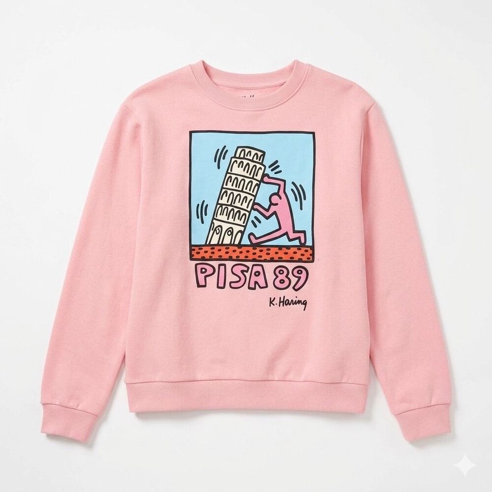 Keith Haring Leaning Tower Of Pisa Crewneck Sweatshirt Size XL Pink NEW Artsy